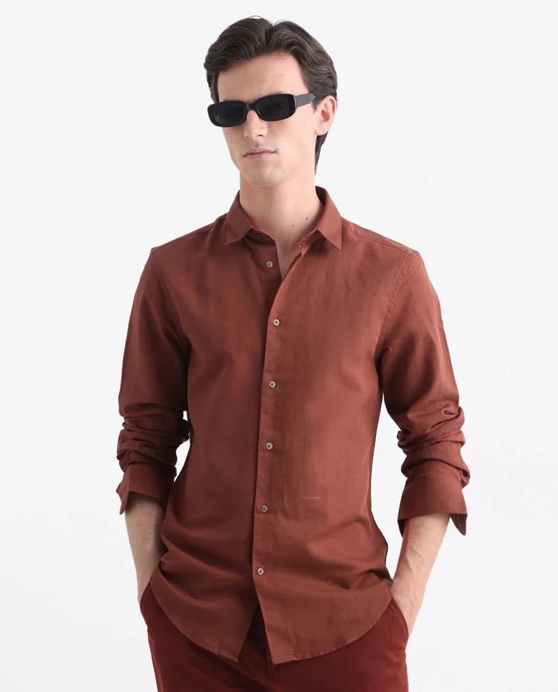 Rare Rabbit Rare Rabbit Men's Linux Rust Cotton Linen Fabric Full Sleeves Regular Fit Solid Shirt