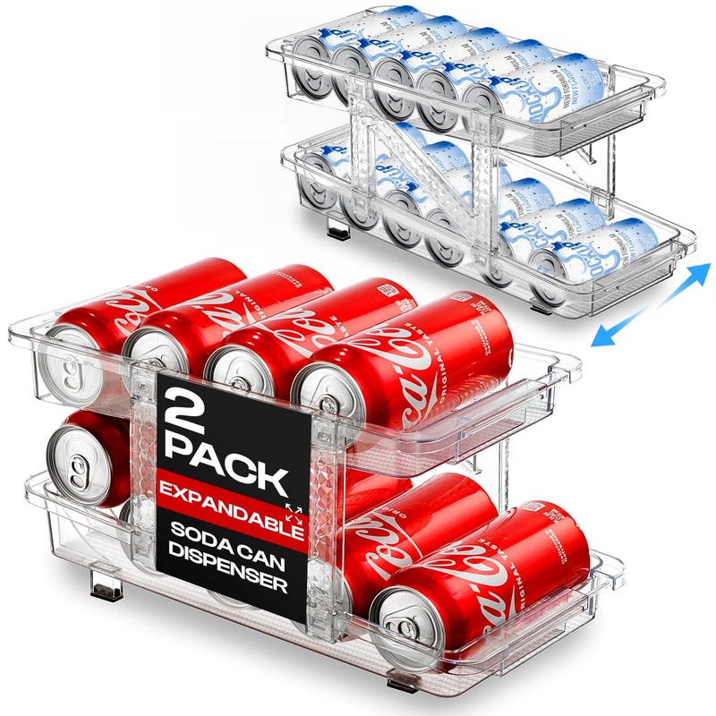 Oizeir Expandable Soda Can Dispenser For Fridge - 2-Pack - Clear Transparent Soda Can Organizer For Refrigerator, Kitchen, and Pantry Storage Organizer for Cans, Beverage Bottle, Canned Food & Bottles - Image 1