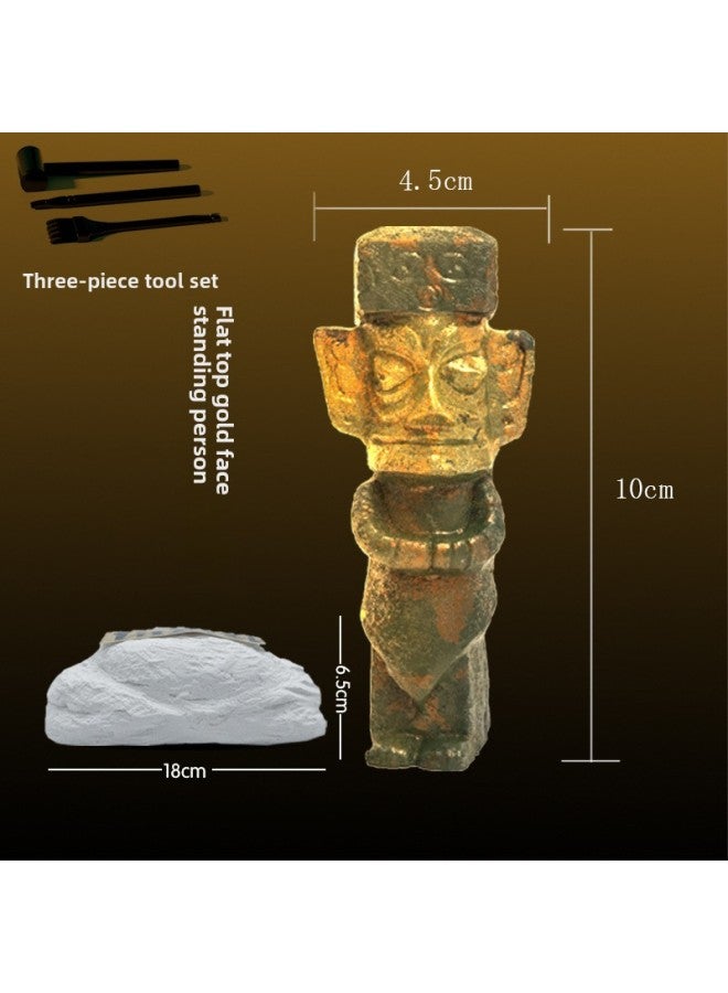 Ancient Shu Sanxingdui Bronze Museum Archaeological Excavation Blind Box Tide Play Cultural Relics Small Ornaments Children's Educational Toys-color:Flat Top Gold Face Man + 1 Set Of Excavation Tools (without Color Box)  - Image 1