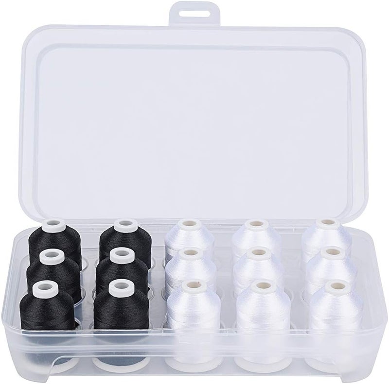 simthread Machine Embroidery Thread with Storage Box 1000M (1100Y) Polyester 15 Spools Set for Embroidery Sewing Machine (9 White 6 Black) - Image 1