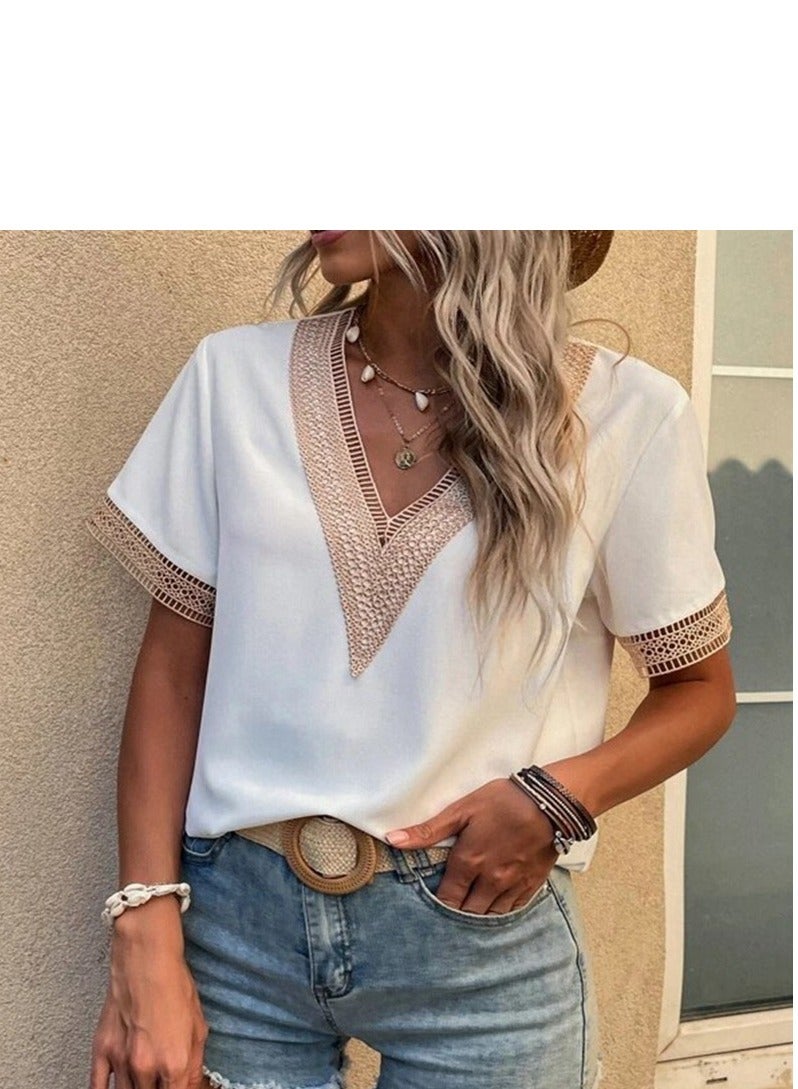 Shougu Short Sleeved V-neck Casual Ssolid Color Shirt For Women  - Image 1