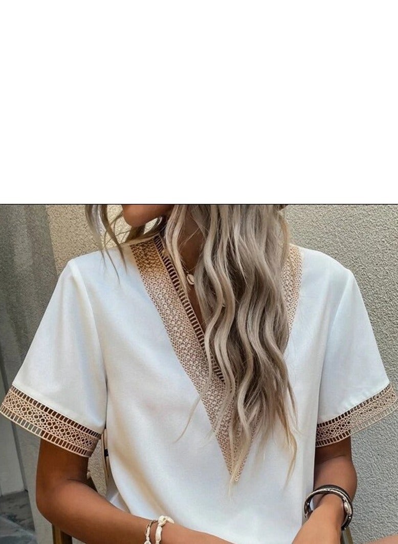 Shougu Short Sleeved V-neck Casual Ssolid Color Shirt For Women  - Image 2
