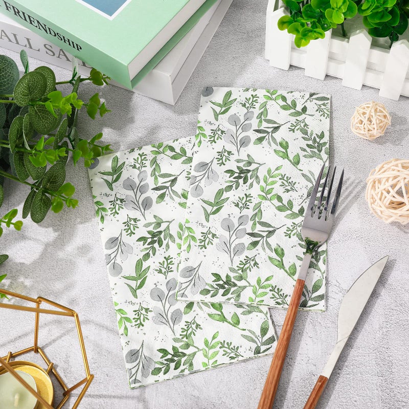 AnyDesign AnyDesign Greenery Guest Napkins 3 Ply Disposable Green Leaves Napkins Spring Summer Plants Dinner Hand Napkin for Wedding Baby Shower Party Supplies Kitchen Bathroom Table Decor  80 Pack  - Image 3