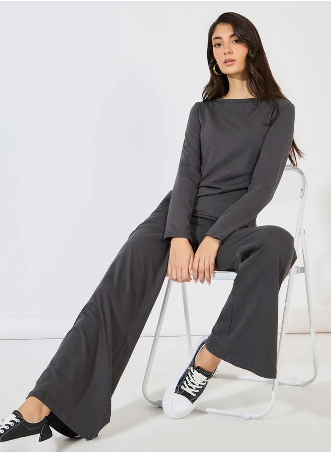 Styli Solid Round Neck Knit Top & Wide Leg Joggers Co-Ords