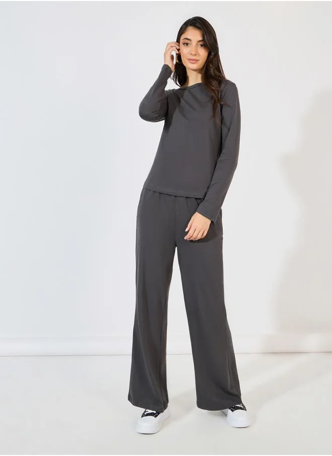 Styli Solid Round Neck Knit Top & Wide Leg Joggers Co-Ords