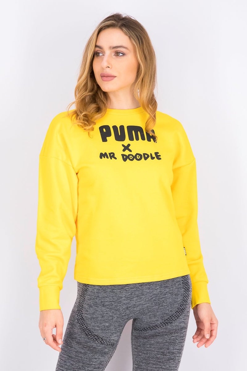 PUMA Women Round Neck Long Sleeve Brand Logo Sweaters, Yellow - Image 1