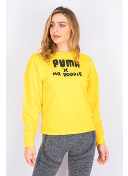 PUMA Women Round Neck Long Sleeve Brand Logo Sweaters, Yellow  - Image 1