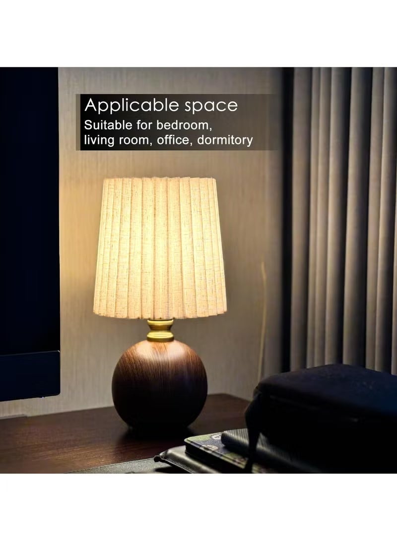 Small Pleated Table Lamp for Bedroom, Bedside Lamp for Nightstand, Dimmable Desk Lamp Ceramic Wood Grain Base Round Flaxen Fabric Shade for Living Room, Kids Room,LED Bulb Included - Image 4