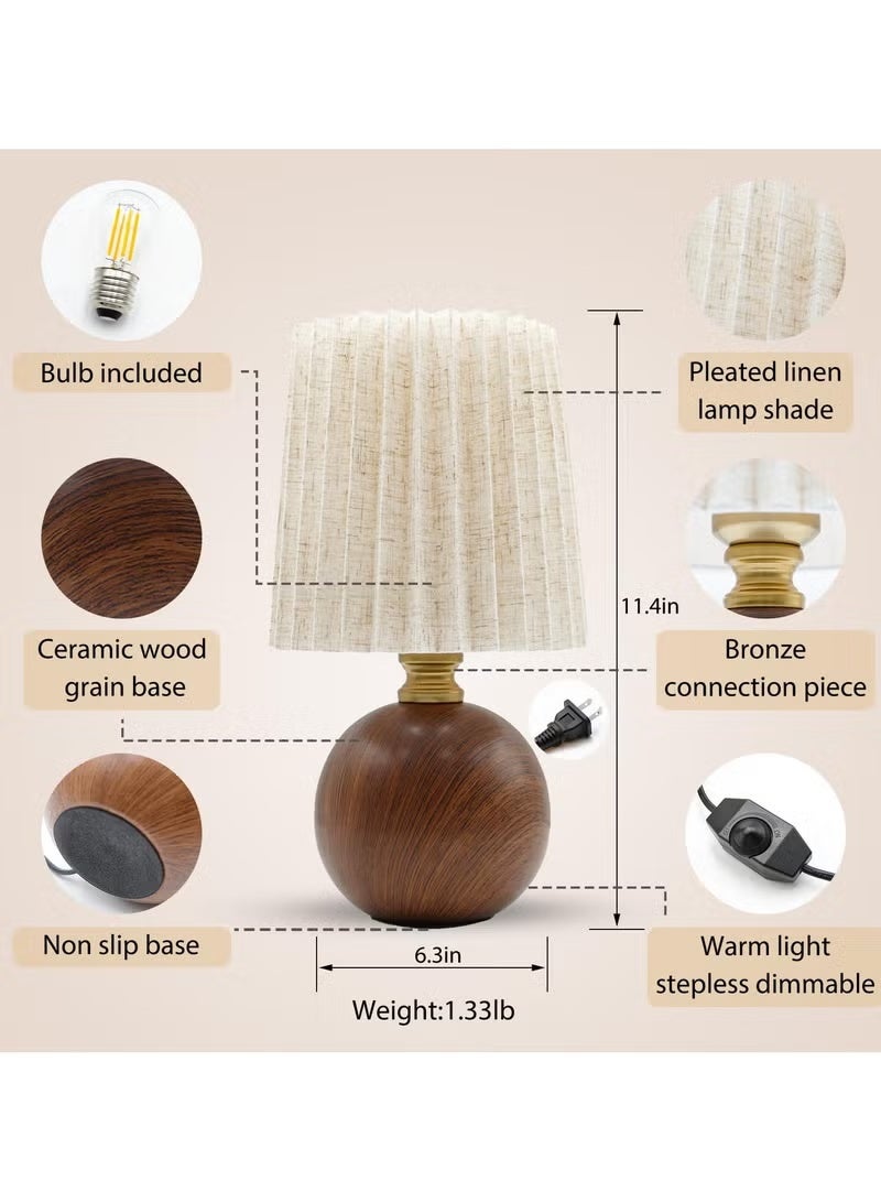 Small Pleated Table Lamp for Bedroom, Bedside Lamp for Nightstand, Dimmable Desk Lamp Ceramic Wood Grain Base Round Flaxen Fabric Shade for Living Room, Kids Room,LED Bulb Included - Image 2