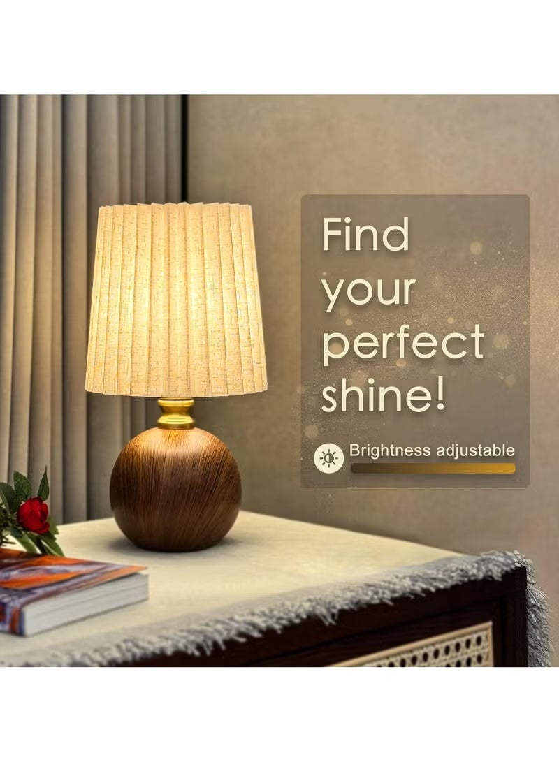 Small Pleated Table Lamp for Bedroom, Bedside Lamp for Nightstand, Dimmable Desk Lamp Ceramic Wood Grain Base Round Flaxen Fabric Shade for Living Room, Kids Room,LED Bulb Included - Image 3