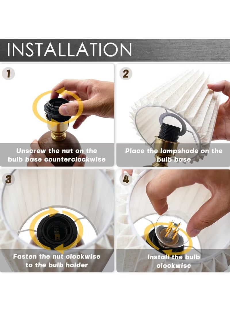 Small Pleated Table Lamp for Bedroom, Bedside Lamp for Nightstand, Dimmable Desk Lamp Ceramic Wood Grain Base Round Flaxen Fabric Shade for Living Room, Kids Room,LED Bulb Included - Image 5