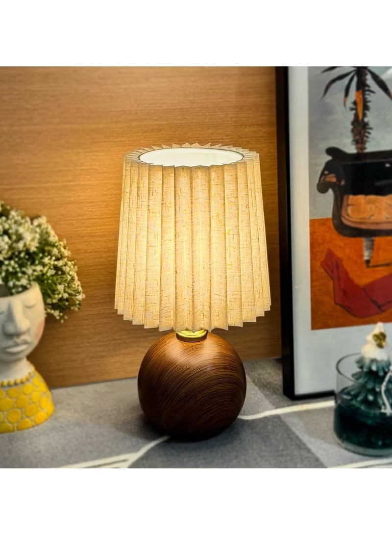 Small Pleated Table Lamp for Bedroom, Bedside Lamp for Nightstand, Dimmable Desk Lamp Ceramic Wood Grain Base Round Flaxen Fabric Shade for Living Room, Kids Room,LED Bulb Included - Image 1