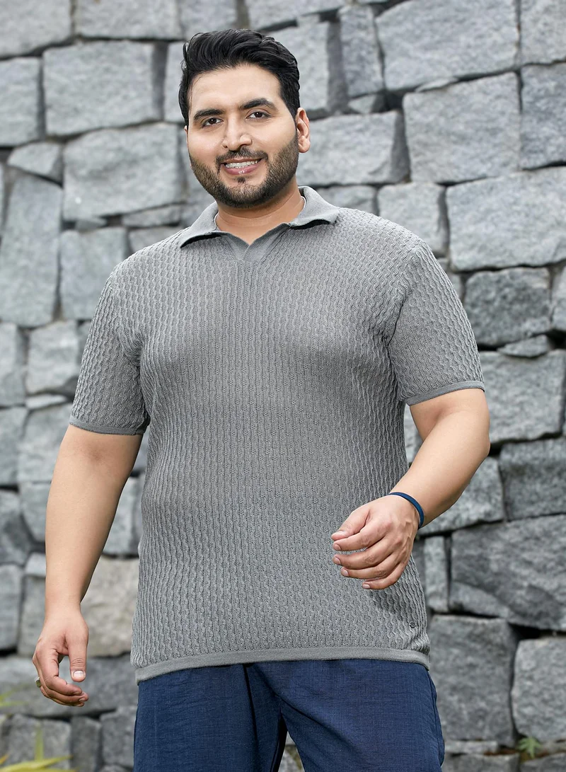 Instafab Plus Instafab Plus Men's Coin Grey Swirl-Textured Polo T-Shirt | Polo Neck , Short Cuffed Sleeves , Pull On Closure , Straight Hemline | Solid Textured Cotton-Blend Material For Street & Casual Wear