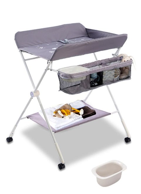 Portable Baby Changing Table, Foldable Diaper Changing Station w/Wheels, Adjustable Height, Large Storage Rack, Water Basin, Safety Belt, Mobile Nursery Organizer for Newborn Infant