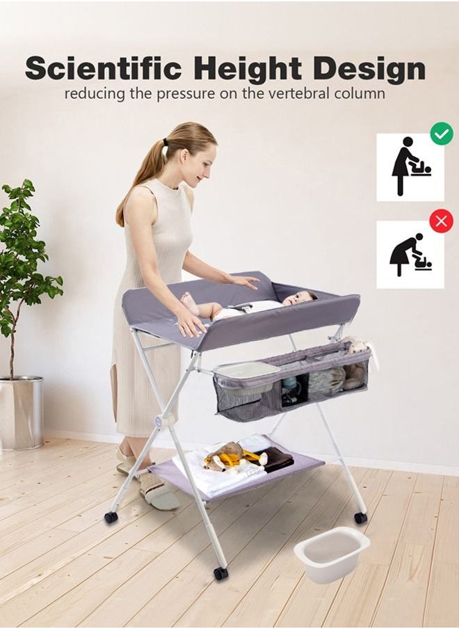 XiuWoo - Portable Baby Changing Table, Foldable Diaper Changing Station w/Wheels, Adjustable Height, Large Storage Rack, Water Basin, Safety Belt, Mobile Nursery Organizer for Newborn Infant - Image 1