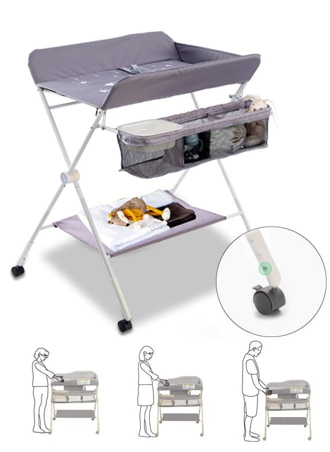 XiuWoo - Portable Baby Changing Table, Foldable Diaper Changing Station w/Wheels, Adjustable Height, Large Storage Rack, Water Basin, Safety Belt, Mobile Nursery Organizer for Newborn Infant - Image 1