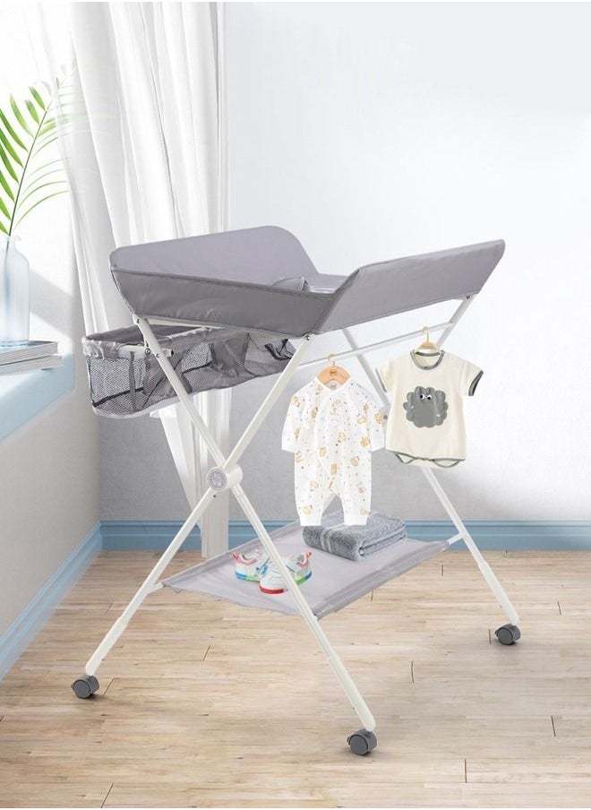 XiuWoo - Portable Baby Changing Table, Foldable Diaper Changing Station w/Wheels, Adjustable Height, Large Storage Rack, Water Basin, Safety Belt, Mobile Nursery Organizer for Newborn Infant - Image 1