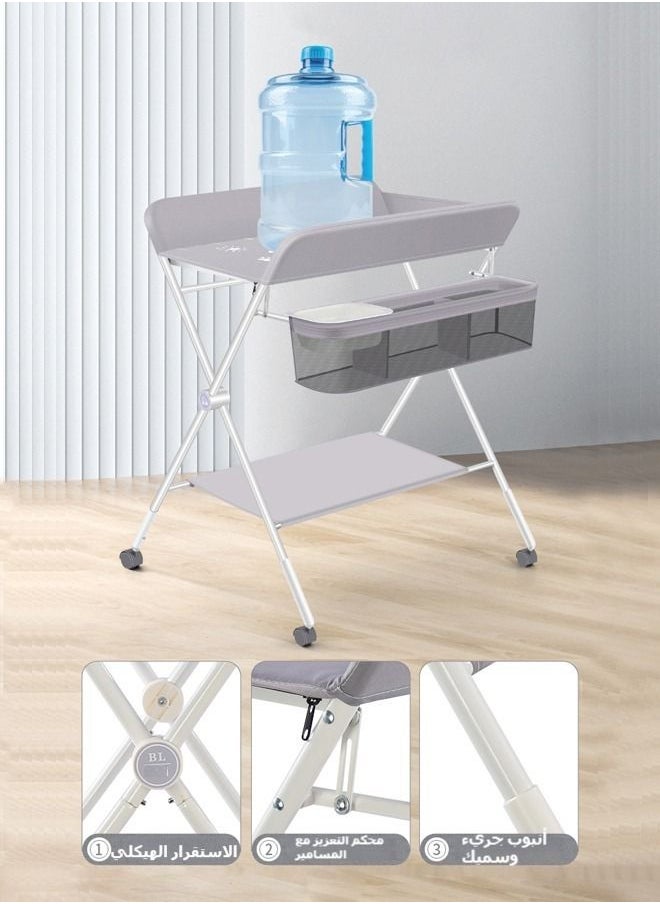 XiuWoo - Portable Baby Changing Table, Foldable Diaper Changing Station w/Wheels, Adjustable Height, Large Storage Rack, Water Basin, Safety Belt, Mobile Nursery Organizer for Newborn Infant - Image 1