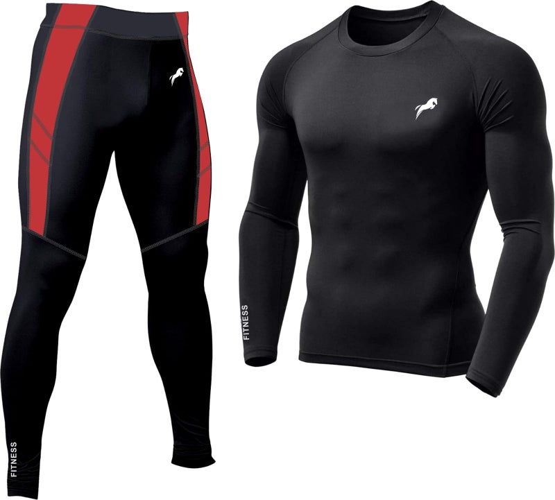 JUST RIDER Men's Sports Running Set Compression Shirts + Pants Skin-Tight Long Sleeves Quick Dry Fitness Tracksuit Gym Yoga Suits (Set of 2) (L, Black&Red) - Image 1