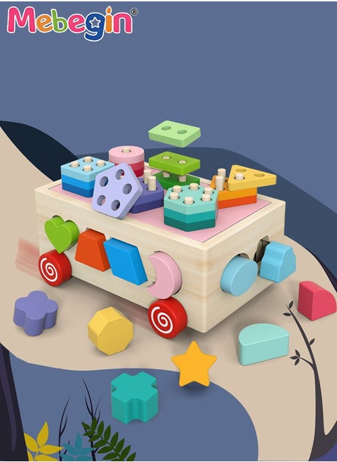 Wooden Sorting Stacking Toy, Shape Sorter Cube with Storage Space, Shape and Color Cognition Puzzle Stacker, Montessori Toy, Early Educational Toy, Easy to Storage and Carry, Ideal Gift for Kids