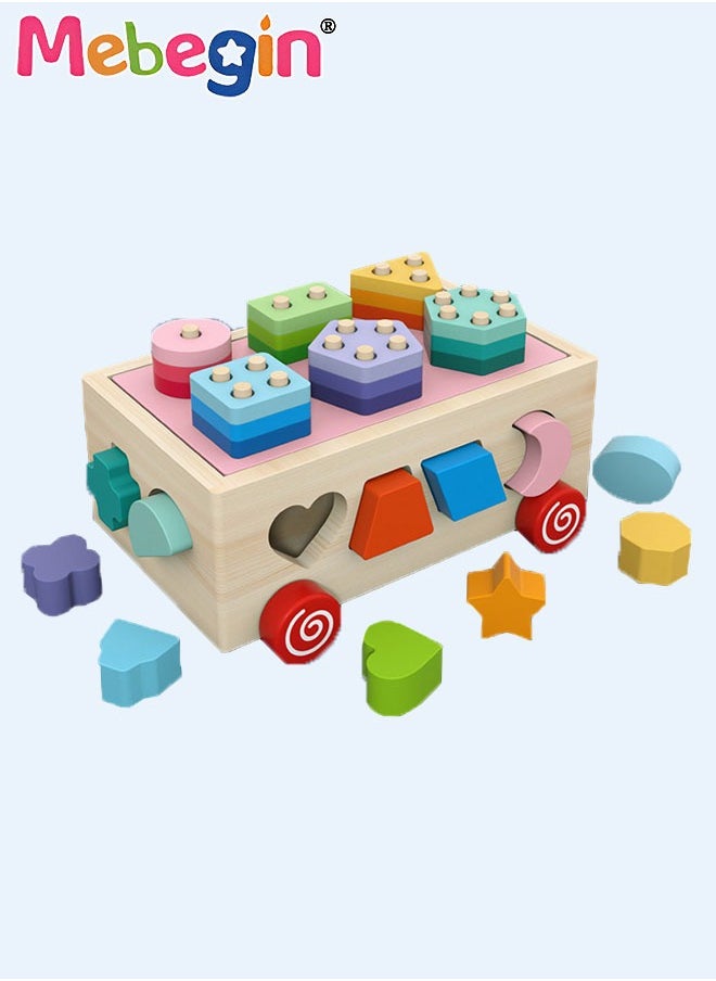 MEBEGIN - Wooden Sorting Stacking Toy, Shape Sorter Cube with Storage Space, Shape and Color Cognition Puzzle Stacker, Montessori Toy, Early Educational Toy, Easy to Storage and Carry, Ideal Gift for Kids - Image 1