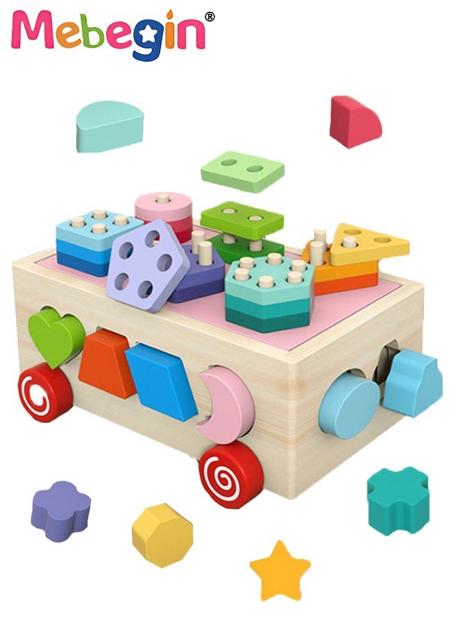 MEBEGIN - Wooden Sorting Stacking Toy, Shape Sorter Cube with Storage Space, Shape and Color Cognition Puzzle Stacker, Montessori Toy, Early Educational Toy, Easy to Storage and Carry, Ideal Gift for Kids - Image 1