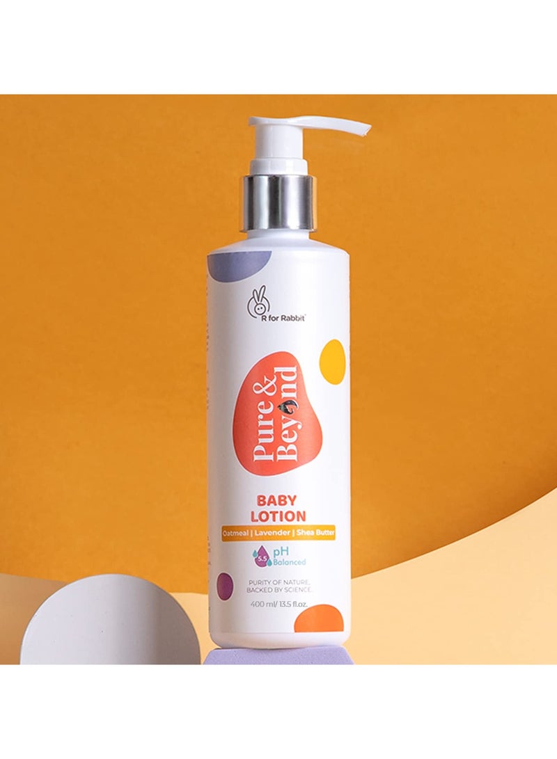 أر فور رابيت بيور آند بيوند لوشن مرطب للجسم للأطفال 400 مل درجة حموضة 5.5 لطيف ولطيف مع دقيق الشوفان وزبدة الشيا للبشرة الحساسة لحديثي الولادة - Image 1