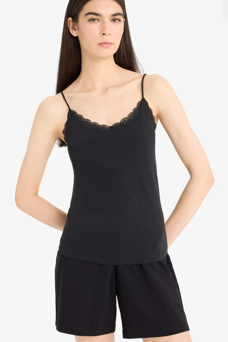 ديفاكتو Fall in Love Lace Detailed Thin Strappy Cotton Black Undershirt