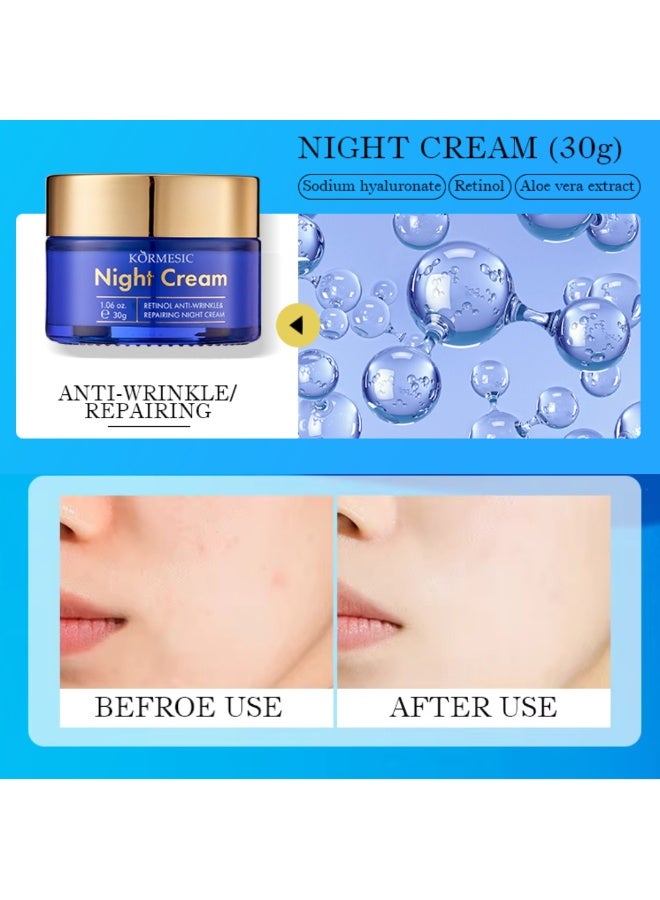 Kormesic كريم ليلي مضاد للتجاعيد وإصلاح لون البشرة مرطب مغذي مشرق مرطب ليلي خطوط دقيقة مهدئ وتجديد كريم وجه مضاد للشيخوخة مرطب ريتينول كريم ليلي 30 جرام - Image 3