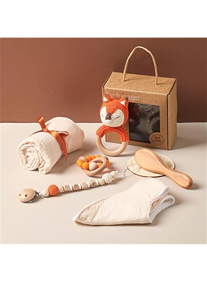 Gonice Baby Gift Set for Newborn New Baby Gift Set - 7 PCS Newborn Baby Essentials Basket Baby Bath Set with Baby Blanket Baby Rattle - New Born Baby Girls Gift & Baby Boy Gifts for Baby Shower(Fox) - Image 1