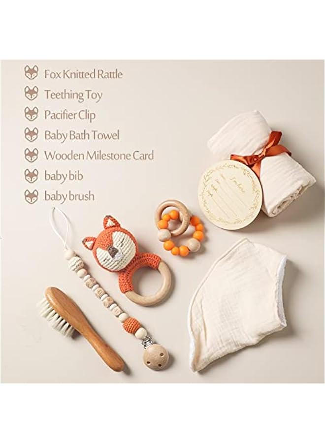 Gonice Baby Gift Set for Newborn New Baby Gift Set - 7 PCS Newborn Baby Essentials Basket Baby Bath Set with Baby Blanket Baby Rattle - New Born Baby Girls Gift & Baby Boy Gifts for Baby Shower(Fox) - Image 2