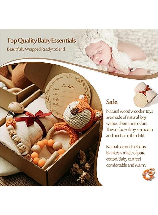 Gonice Baby Gift Set for Newborn New Baby Gift Set - 7 PCS Newborn Baby Essentials Basket Baby Bath Set with Baby Blanket Baby Rattle - New Born Baby Girls Gift & Baby Boy Gifts for Baby Shower(Fox) - Image 3