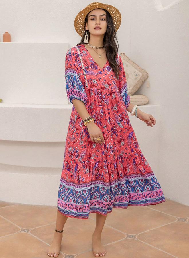 Take Two Floral Printed Half Sleeves V Neck Midi Dress - Image 1