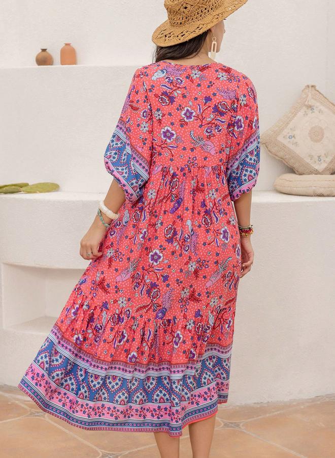 Take Two Floral Printed Half Sleeves V Neck Midi Dress - Image 2