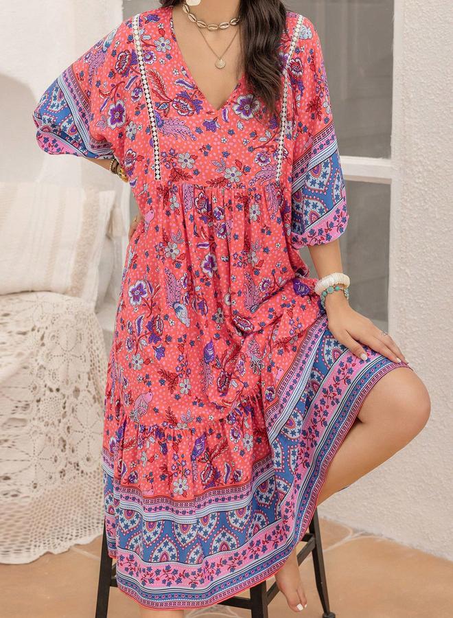 Take Two Floral Printed Half Sleeves V Neck Midi Dress - Image 3