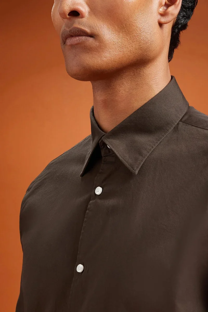 Doppelganger Brown Men's comfort fit casual shirt with a classic collar in plain 100% cotton washed gabardine - DK Brown for Men | Best Price UAE