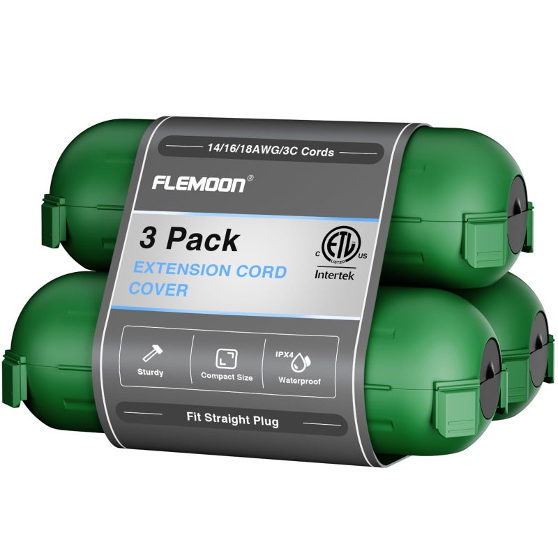 Flemoon 3 Pack Outdoor Extension Cord Safety Cover IPX4 Weatherproof Electrical Box to Protect Outdoor Outlet Plug Socket Halloween Christmas Holiday Decoration Light Green