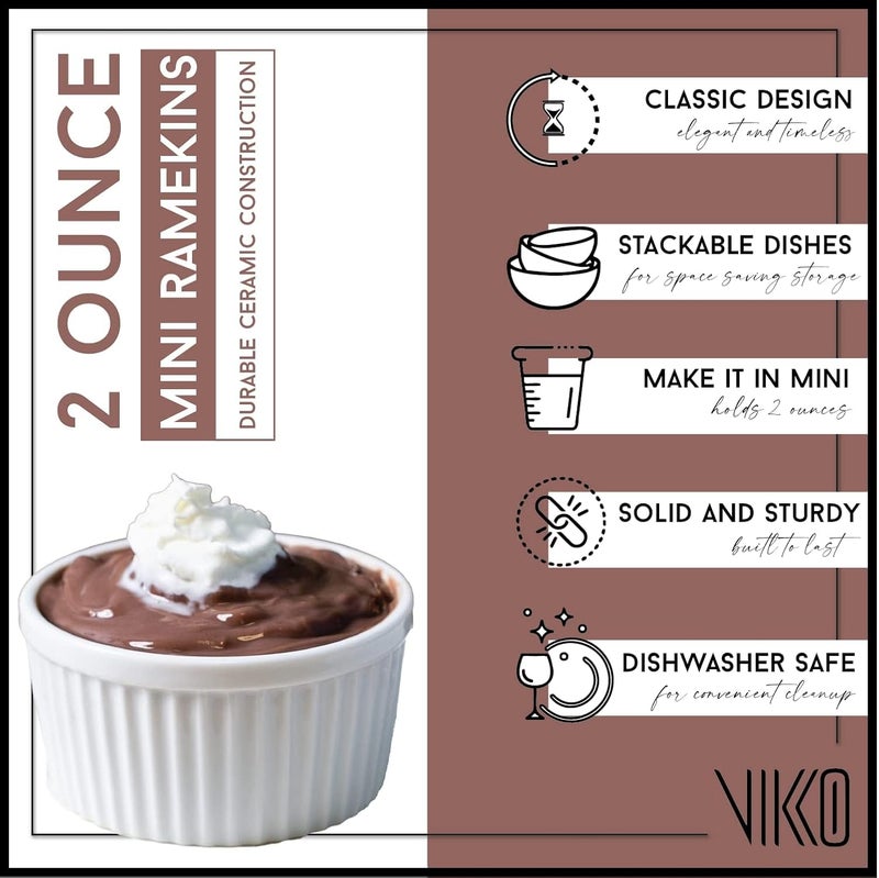Vikko 2 Oz Ramekin Set: Small Ramekins & Soufflé Dishes - Ceramic Charcuterie Cups - Oven Safe Ramekins - Mini Ramekins - White Ramekins 2 oz - Condiment Cups & Dipping Sauce Cups - Ramiken Set of 6 - Image 2