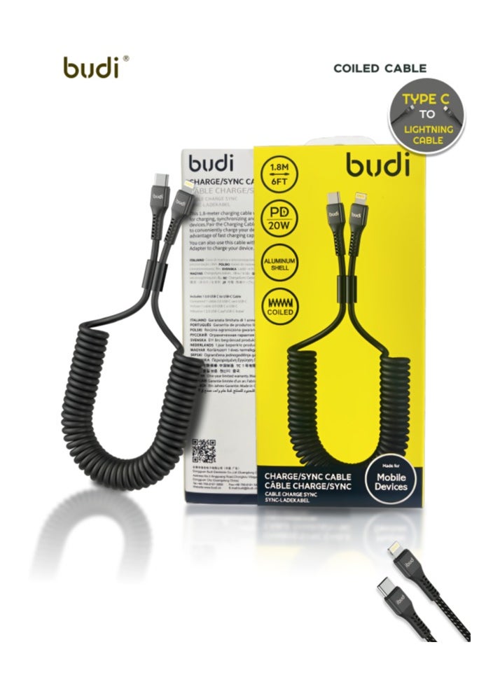 budi - Charge and Sync Coiled Cable Type C to Lightning 20W Fast Charging Durable Design - Image 1