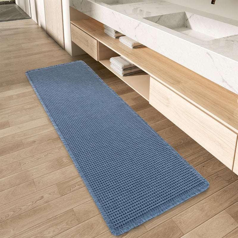 AMOAMI Upgraded Waffle Runner Rug Super Absorbent Non Slip Bath Mats for Bathroom Machine Washable Bathroom Runner Rug with Tassels, Ideal for Hallway Bedroom Laundry Room, 2'x 5'(24" x 60"), Blue - Image 1