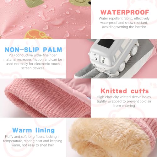 PATPAT Winter Gloves For Kids Warm Skiing Gloves Thicken Warm Fleece Lining Waterproof Winter Gloves For Kids 8-12 Years Old Cartoon Pink Polar Bear Printed Outdoor Warm Gloves For Girls - Image 4