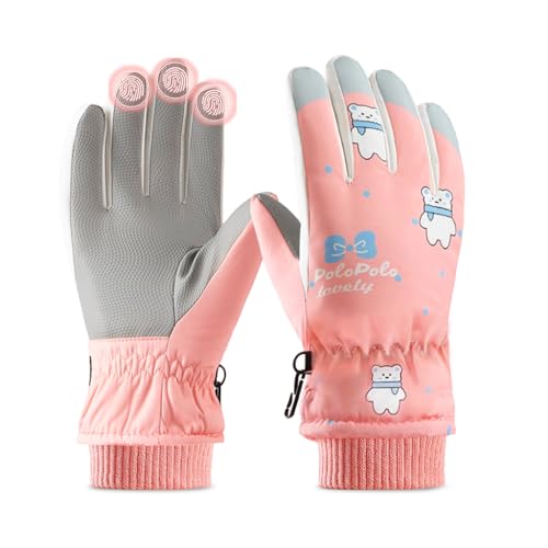 PATPAT Winter Gloves For Kids Warm Skiing Gloves Thicken Warm Fleece Lining Waterproof Winter Gloves For Kids 8-12 Years Old Cartoon Pink Polar Bear Printed Outdoor Warm Gloves For Girls - Image 1