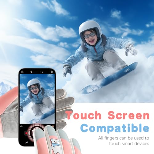 PATPAT Winter Gloves For Kids Warm Skiing Gloves Thicken Warm Fleece Lining Waterproof Winter Gloves For Kids 8-12 Years Old Cartoon Pink Polar Bear Printed Outdoor Warm Gloves For Girls - Image 5