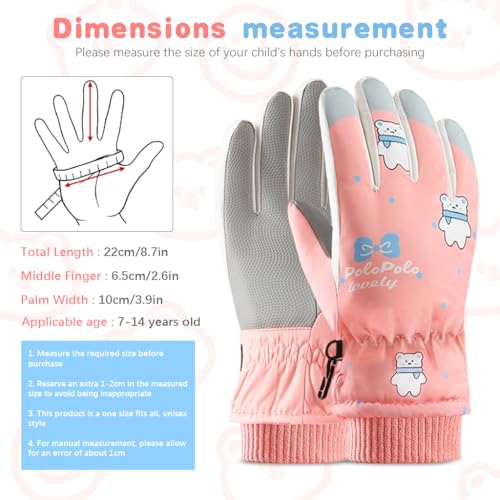 PATPAT Winter Gloves For Kids Warm Skiing Gloves Thicken Warm Fleece Lining Waterproof Winter Gloves For Kids 8-12 Years Old Cartoon Pink Polar Bear Printed Outdoor Warm Gloves For Girls - Image 2