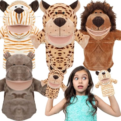 RoundFunny 4 Pcs Hand Puppet Animal with Working Mouth 98 Inch Animal Puppet Soft Plush Toy for Storytelling Theater Preschool Birthday GiftsLeopard Hippo Lion Tiger - Image 1
