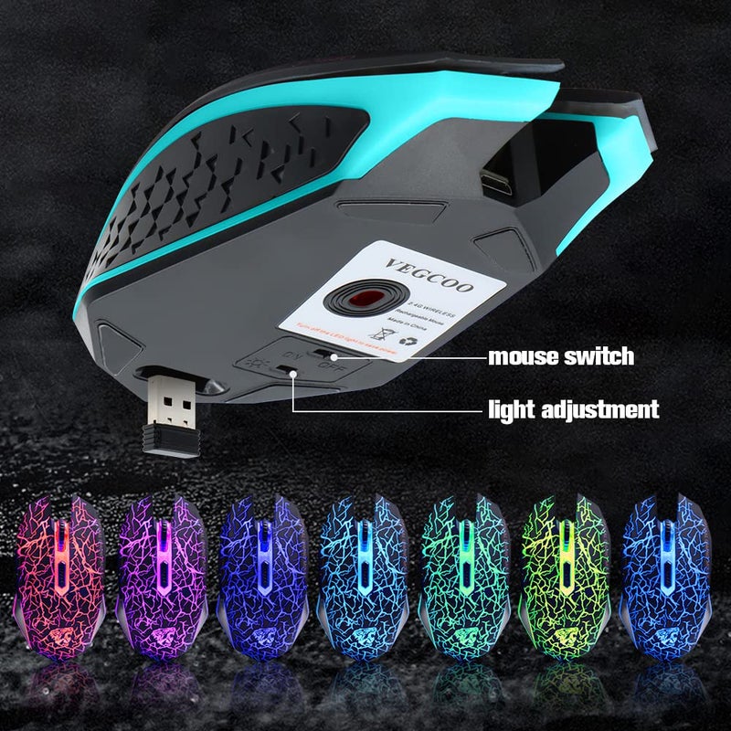 VEGCOO فأرة ألعاب لاسلكية VEGCOO C10 قابلة لإعادة الشحن صامتة بصرية 7 ألوان أضواء LED، 7 أزرار 2400/1600/800DPI (أسود) - Image 5