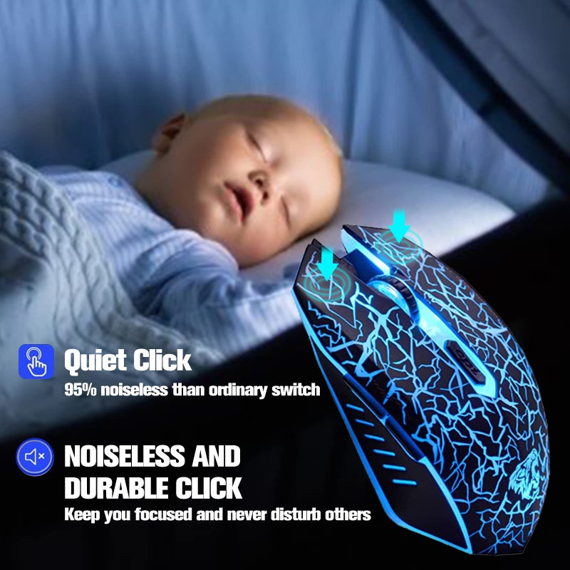 VEGCOO فأرة ألعاب لاسلكية VEGCOO C10 قابلة لإعادة الشحن صامتة بصرية 7 ألوان أضواء LED، 7 أزرار 2400/1600/800DPI (أسود) - Image 4
