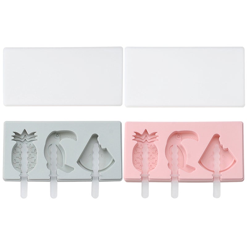 2 Set DIY Ice Cream Molds with Lids Creative Silicone Ice Cream Popsicle Molds Cute Fruit Bird Shape Moulds for DIY Ice Cream Making (Pink and Blue Molds with 3Pcs Plastic Sticks) - Image 1