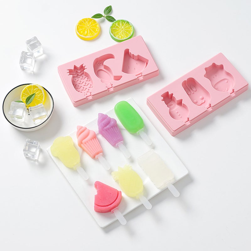 2 Set DIY Ice Cream Molds with Lids Creative Silicone Ice Cream Popsicle Molds Cute Fruit Bird Shape Moulds for DIY Ice Cream Making (Pink and Blue Molds with 3Pcs Plastic Sticks) - Image 4