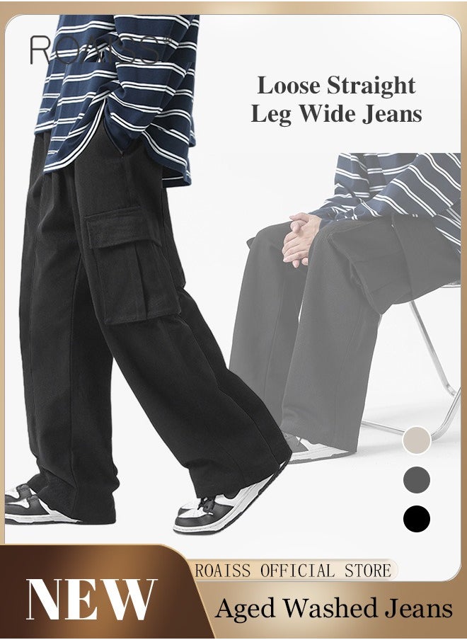 roaiss Casual Cargo Pants for Men Youth Trendy Loose Fit Straight Leg Long Pants Functional Streetwear Overalls Trousers with Multi Pockets Street Style Functional Streetwear  - Image 1
